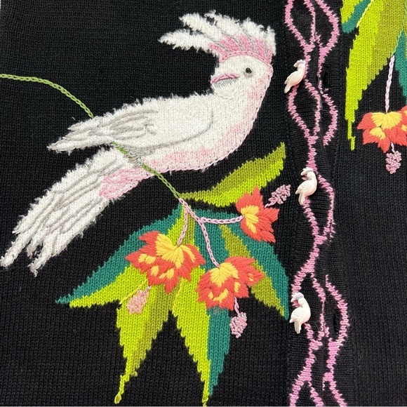 Vintage 90s Artsy Embroidered Cockatoos Funky Grandma Cardigan Sweater SZ Small - Picture 5 of 14